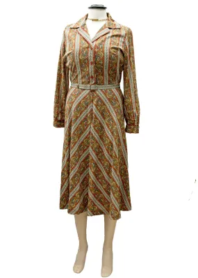 1970s Brown Horrockses Shirtwaister Secretary Dress with Long Sleeves • 42"