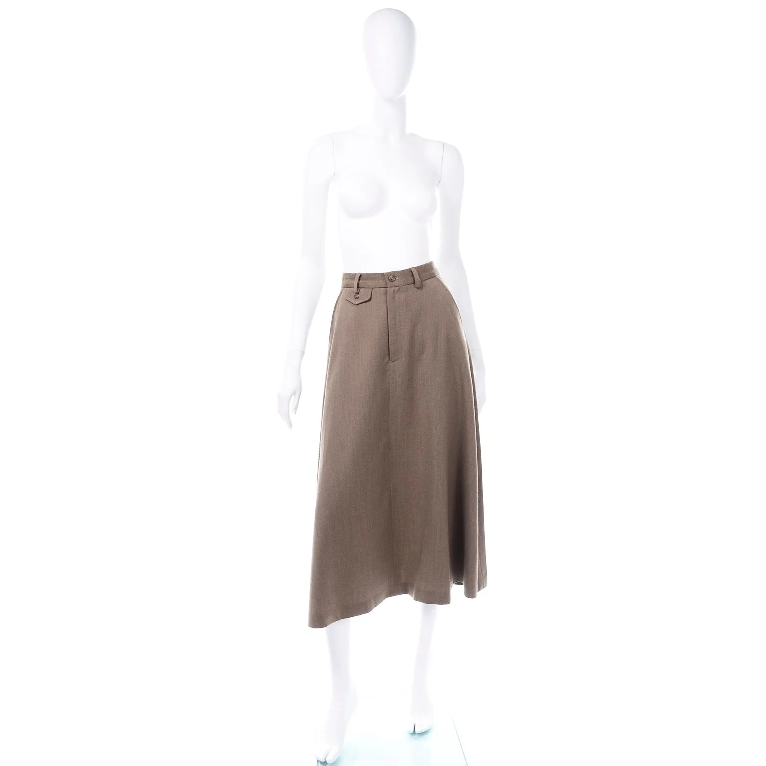 1970s Ralph Lauren Brown Twill Wool A-Line Midi Skirt w/ Trouser Styling