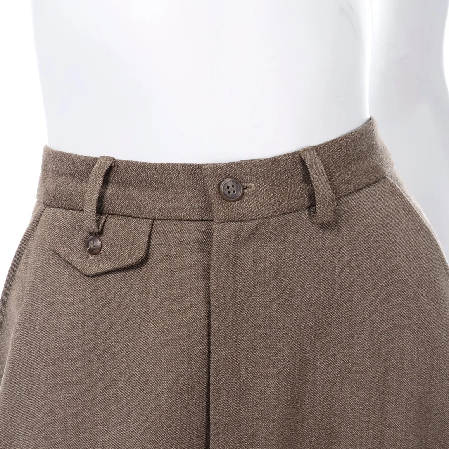 1970s Ralph Lauren Brown Twill Wool A-Line Midi Skirt w/ Trouser Styling