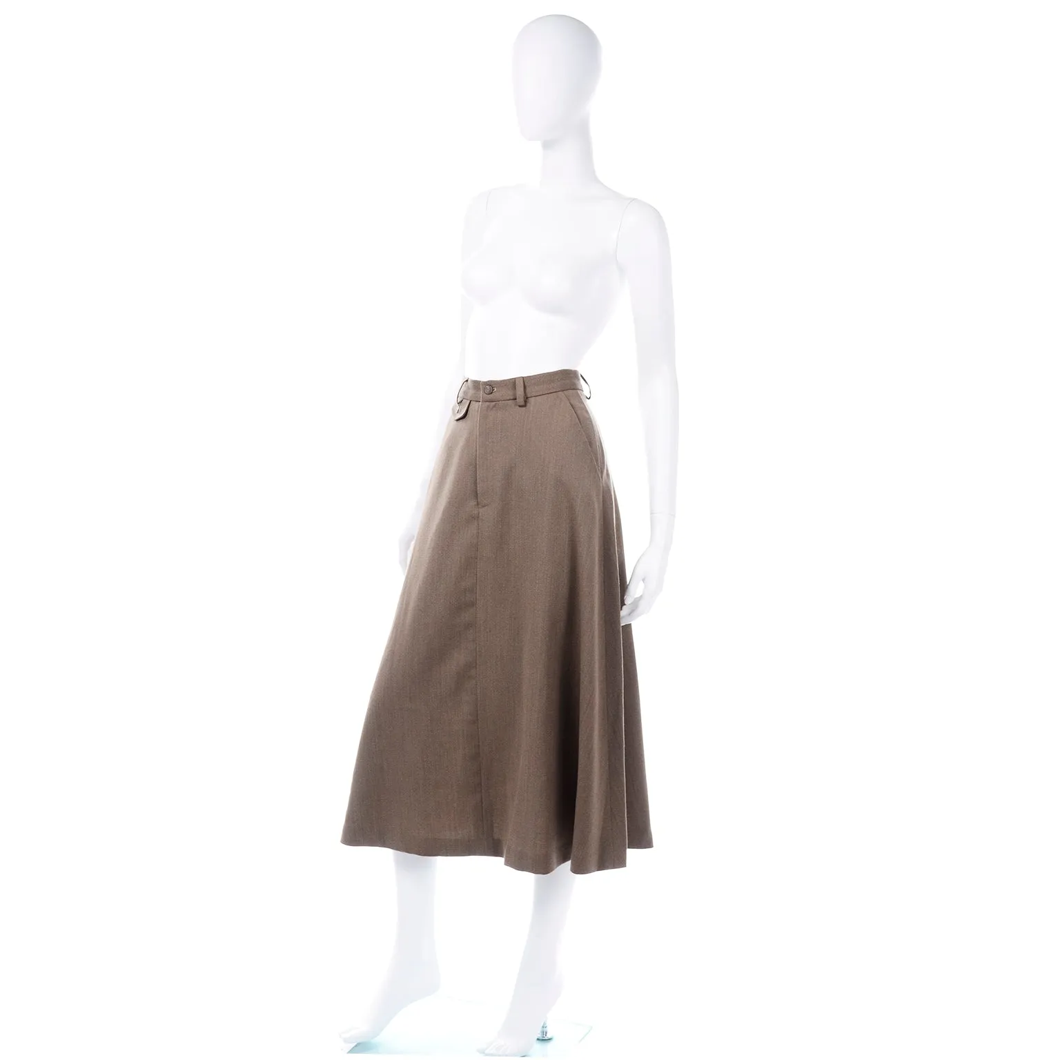 1970s Ralph Lauren Brown Twill Wool A-Line Midi Skirt w/ Trouser Styling