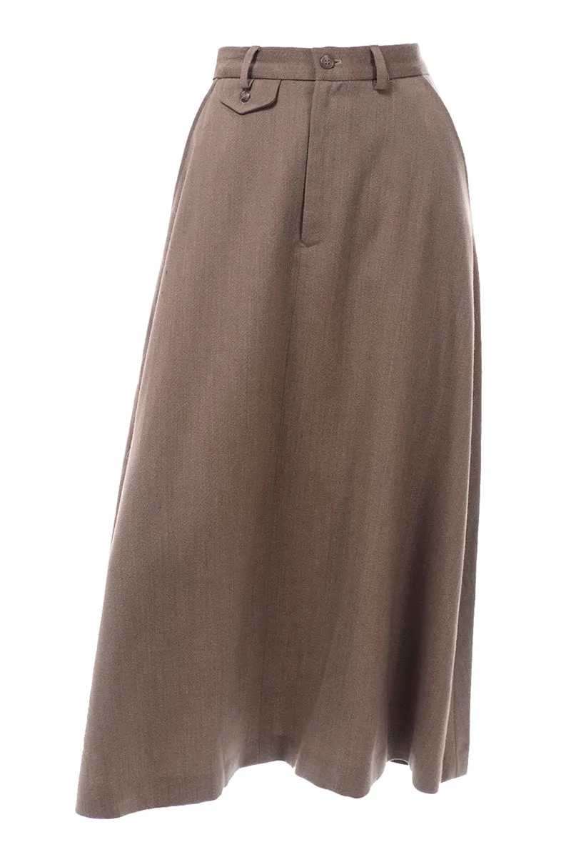 1970s Ralph Lauren Brown Twill Wool A-Line Midi Skirt w/ Trouser Styling