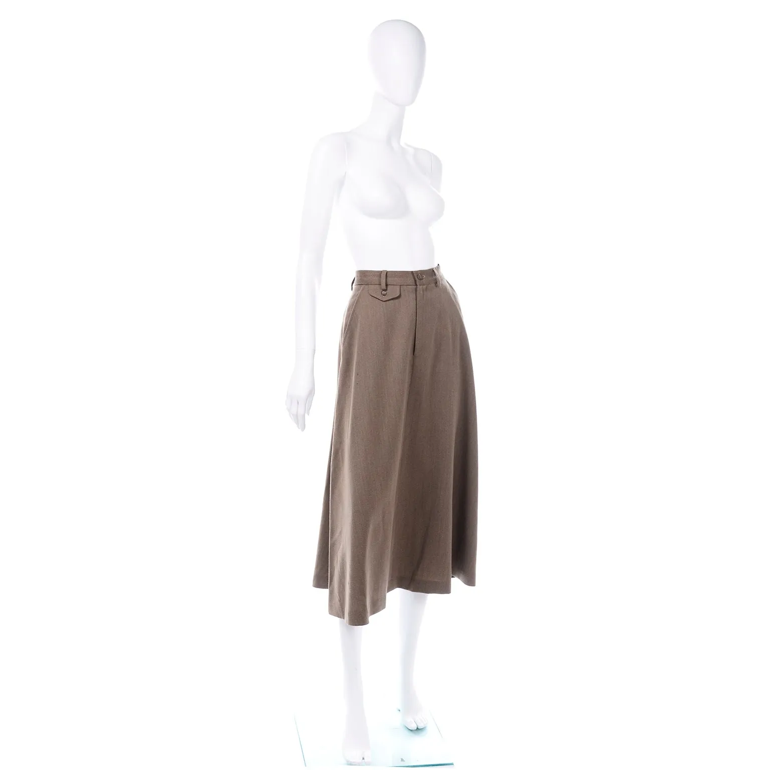 1970s Ralph Lauren Brown Twill Wool A-Line Midi Skirt w/ Trouser Styling