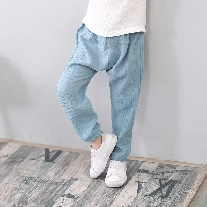 2-7 Yrs Linen Pleated 2024 Baby Boys Girls Summer Cotton Harem Baggy Pants Kids Clothes Children Sweatpants Trousers Breathable