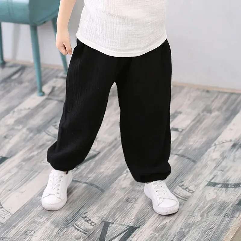 2-7 Yrs Linen Pleated 2024 Baby Boys Girls Summer Cotton Harem Baggy Pants Kids Clothes Children Sweatpants Trousers Breathable