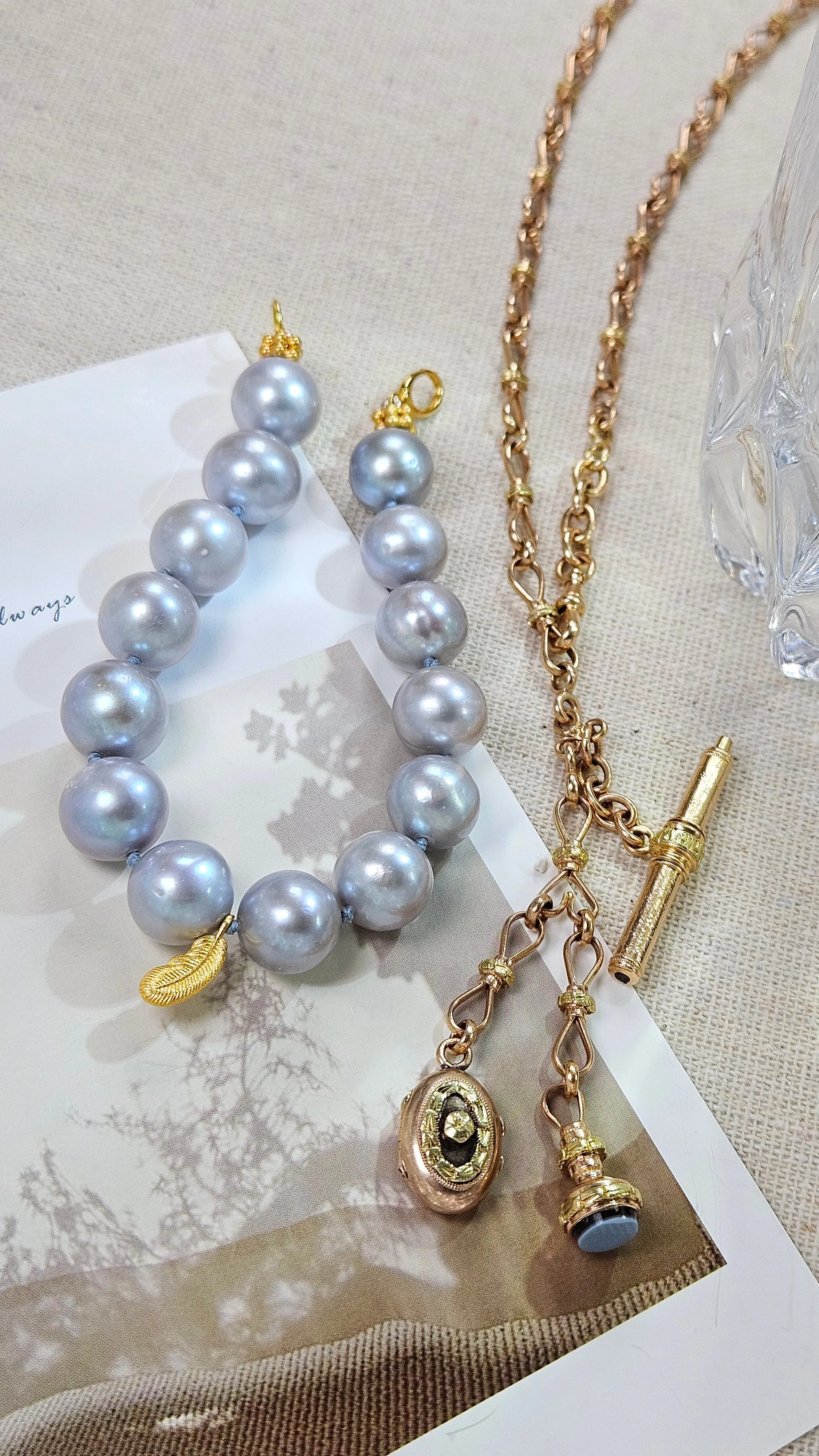 2IN1 - Antique 18K Yellow Rose Gold Two Tone Watch Chain with Key, Locket and Fob, Freshwater Pearl Feather Charm Bracelet Combo | Indulgems | Designs in Real Gold