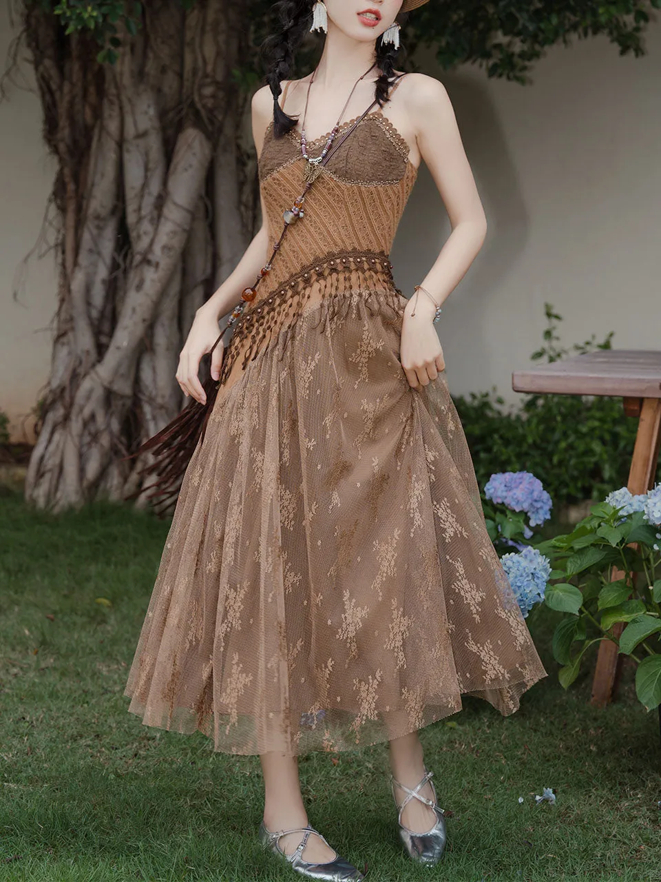 2PS Brown Lace Strap Dress With Bohemia Cardigan Suit