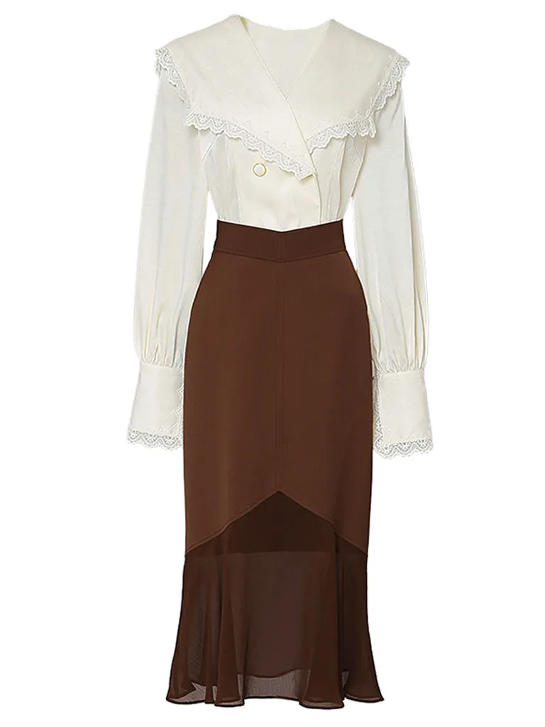 2PS White Lace Ruffles V Neck Top And Brown Fishtail Skirt Dress Suit