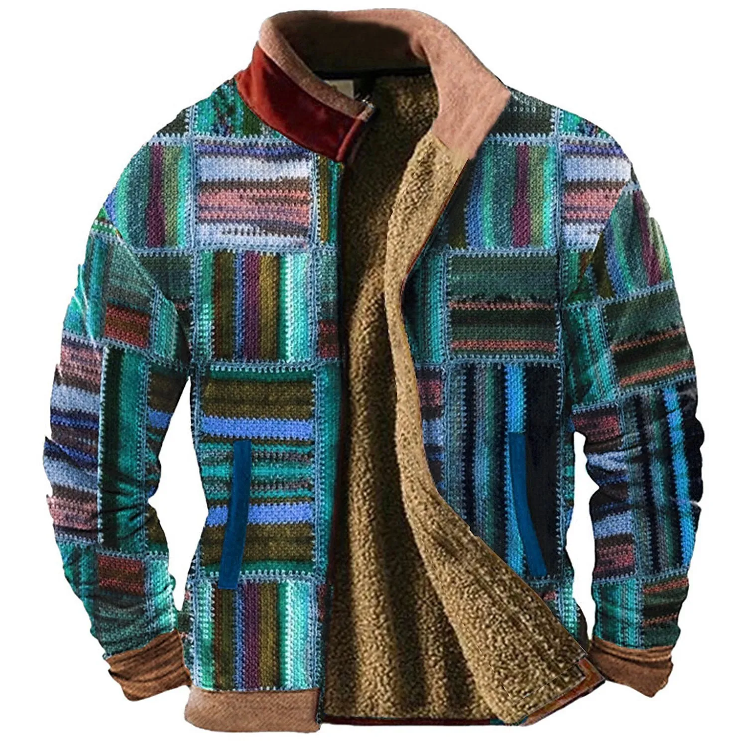 3d Printed Autumn And Winter Patchwork Pattern Casual Jacket Men