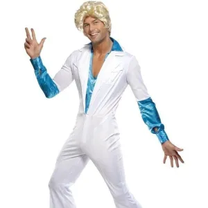 70s Disco Man Costume Adult White Blue Jumpsuit