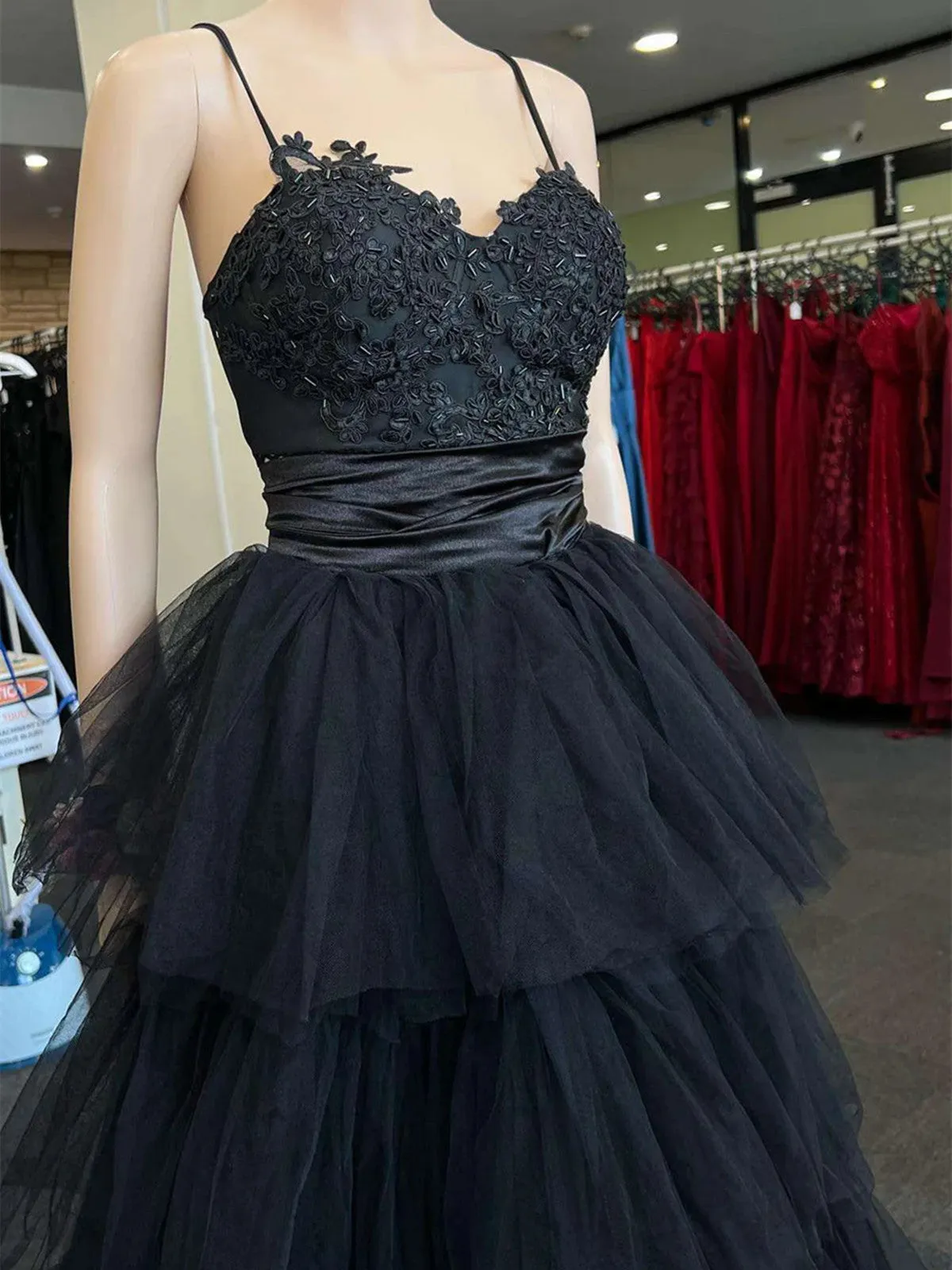 A-line Black Layers Tulle with Lace Straps Party Dress, Black Tulle Prom Dress