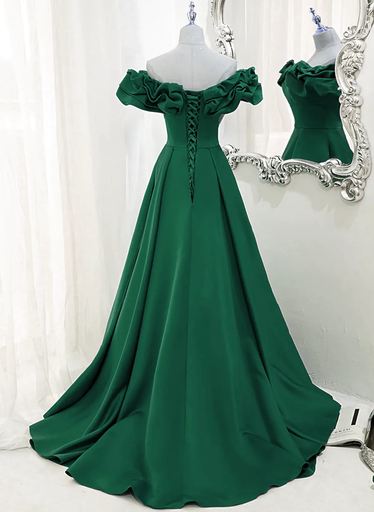 A-line Off Shoulder Floor Length A-line Long Prom Dress, Green Sweetheart Party Dress