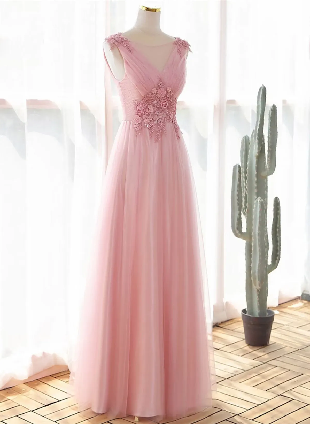 A-line Prom Dress V-neckline Lace Applique Party Dress, Pink Bridesmaid Dress