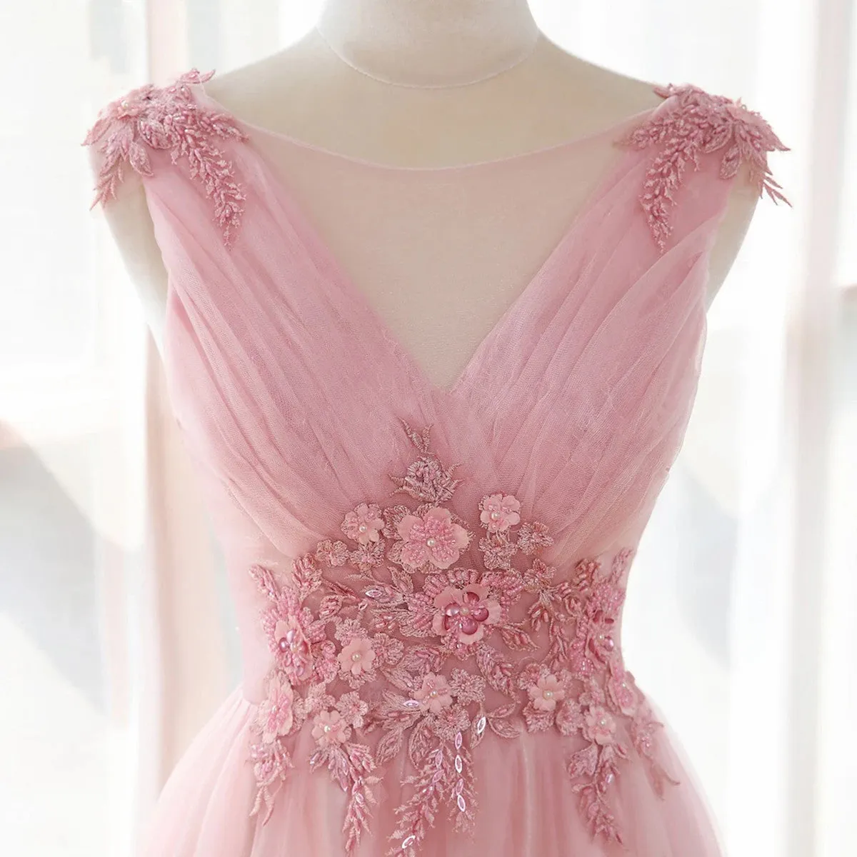 A-line Prom Dress V-neckline Lace Applique Party Dress, Pink Bridesmaid Dress