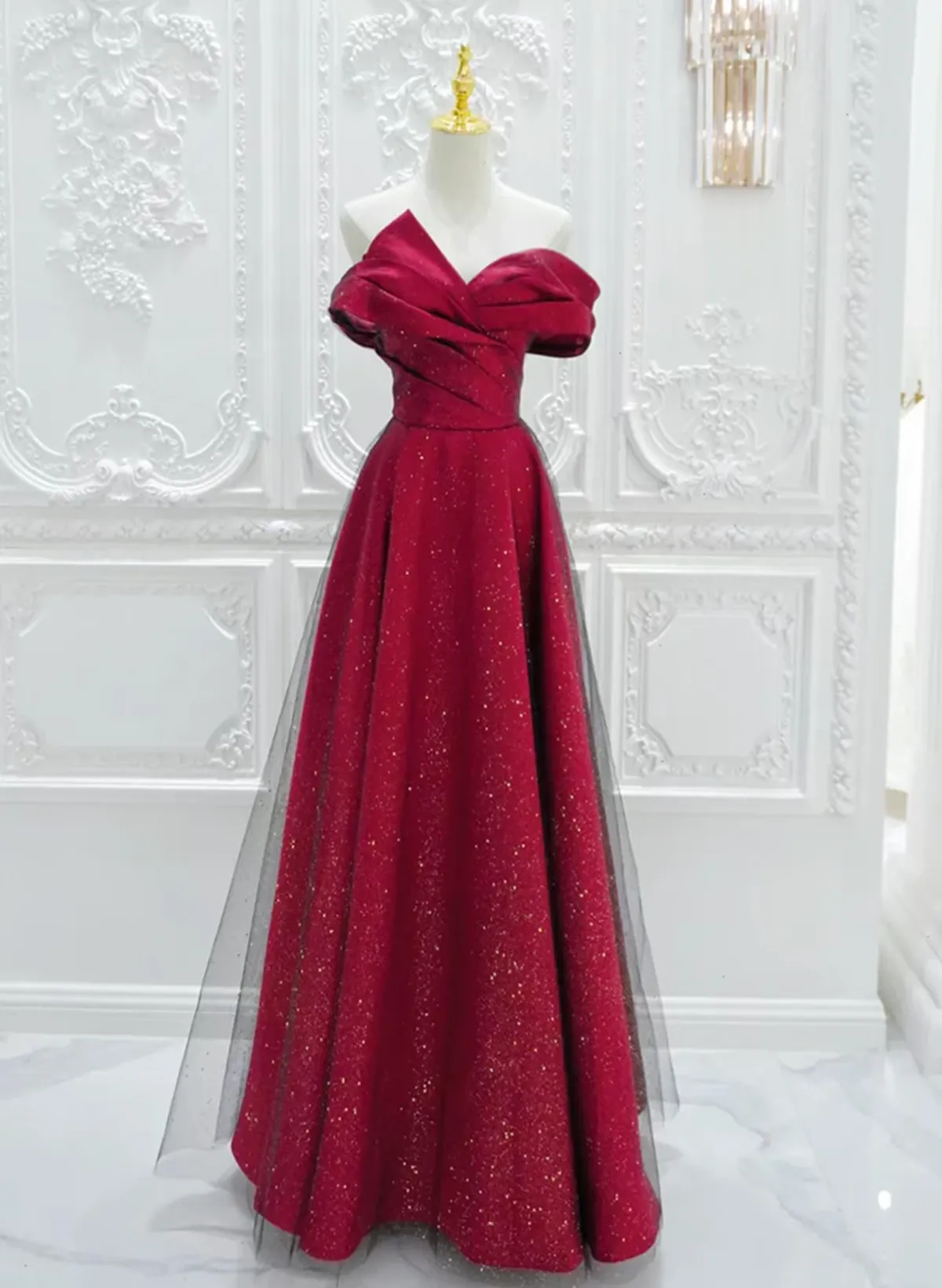 A-Line Red Satin Long Off Shoulder Evening Dress, Simple Floor Length Prom Dress