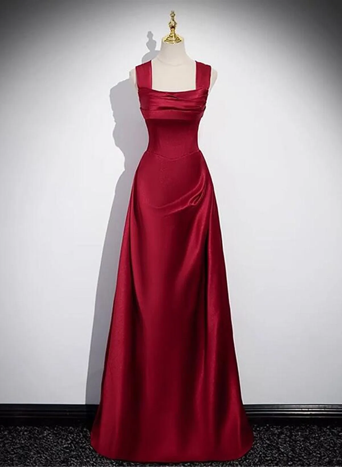 A-line Sleeveless Wine Red Satin Evening Dress, Wine Red Long Prom Dress