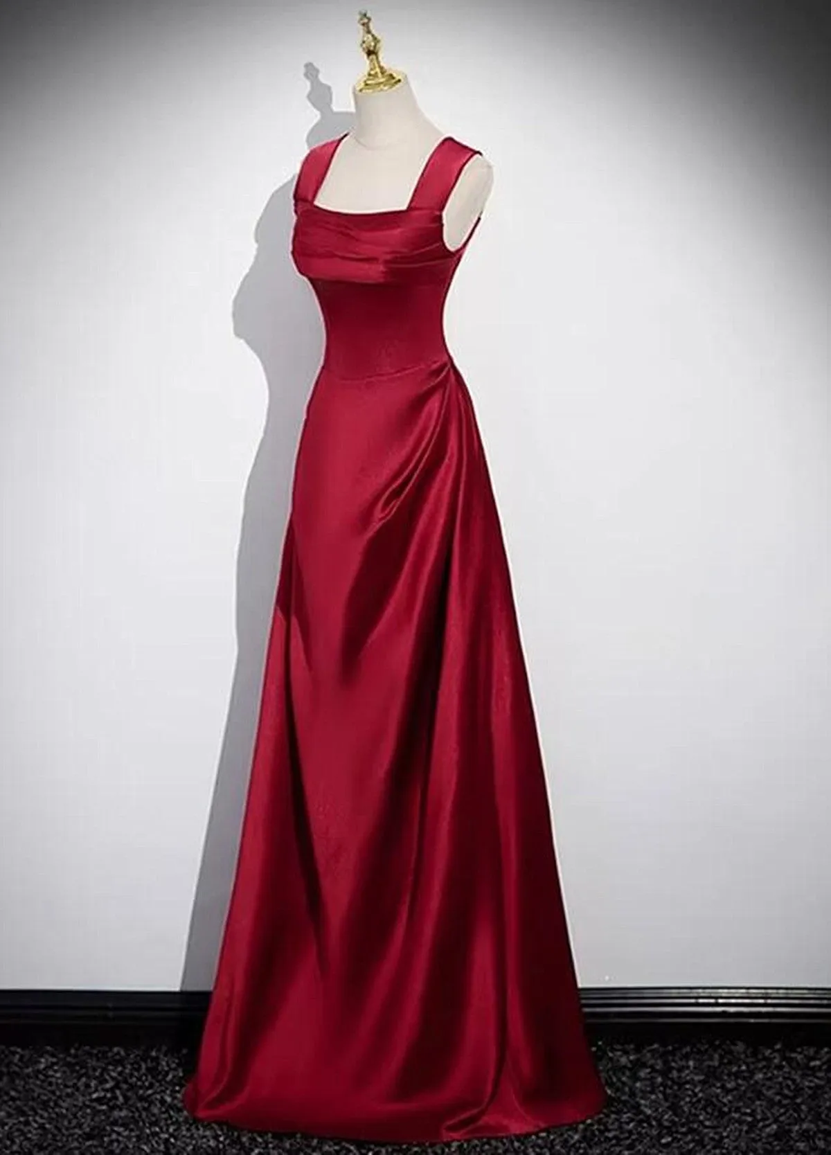 A-line Sleeveless Wine Red Satin Evening Dress, Wine Red Long Prom Dress