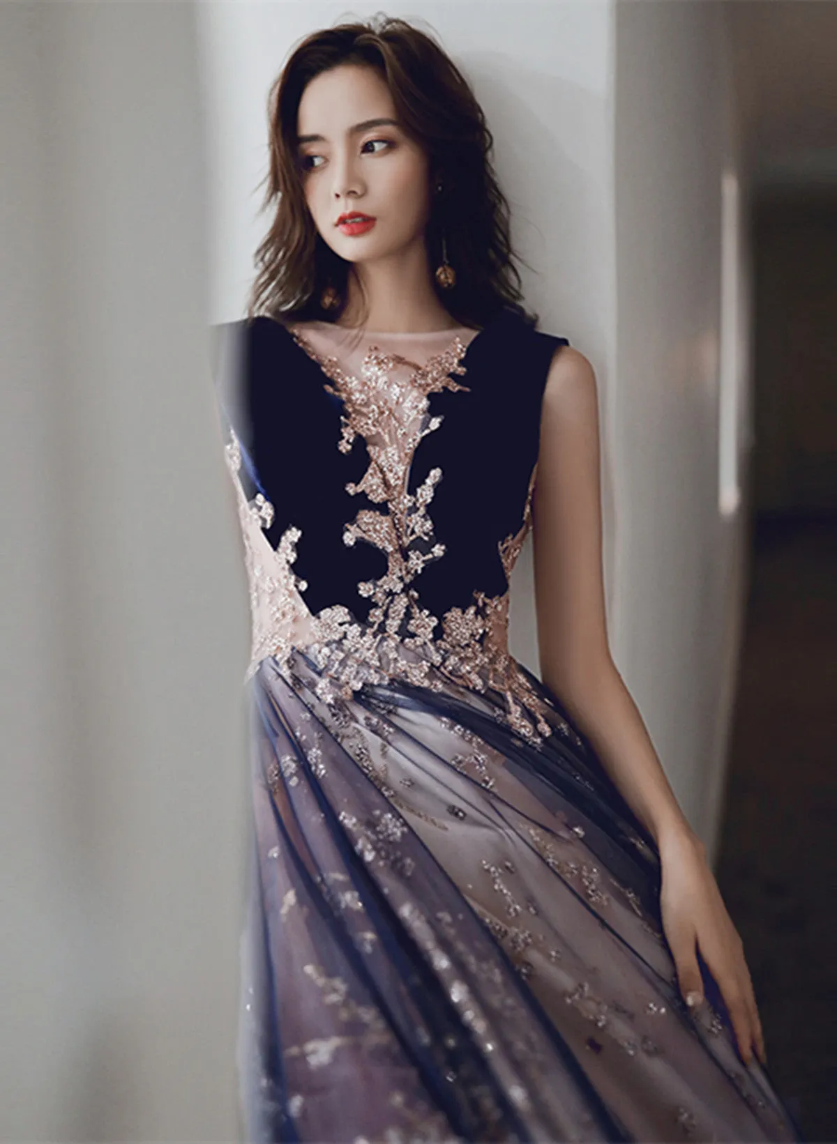 A-line Tulle and Velvet Long Party Dress, Long Evening Dress with Lace