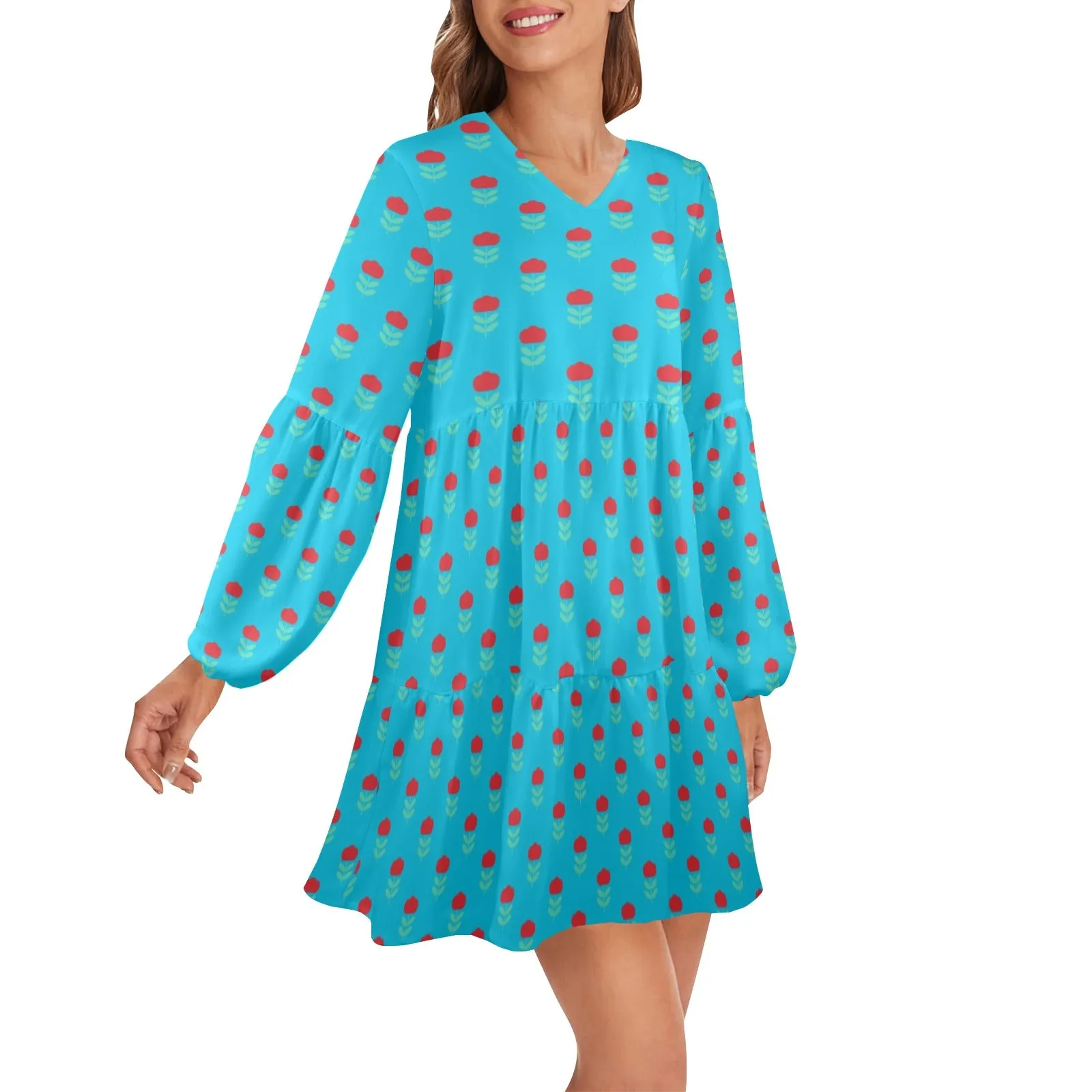 ab flor print 5 V-Neck Loose Fit Dress (Model D66)