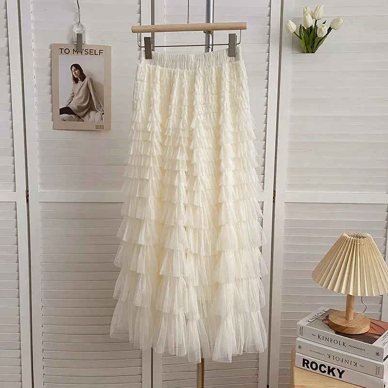 Advbridge  Summer High Quality White Midi Skirts For Women Korean Style Clothes Black Pink And Brown Mesh Tulle Long Cake Skirt Female