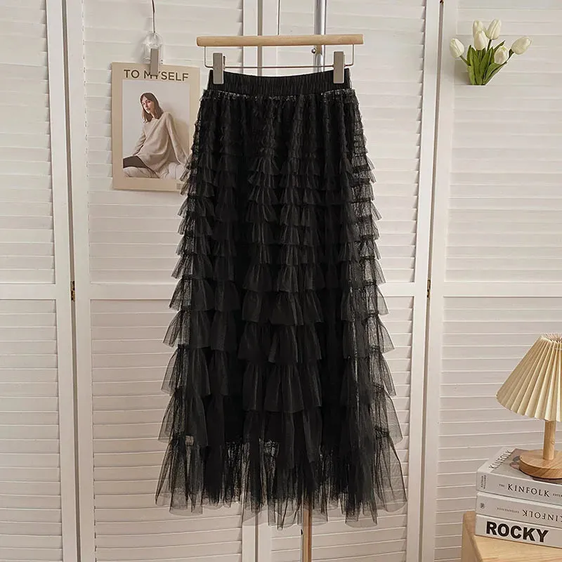 Advbridge  Summer High Quality White Midi Skirts For Women Korean Style Clothes Black Pink And Brown Mesh Tulle Long Cake Skirt Female