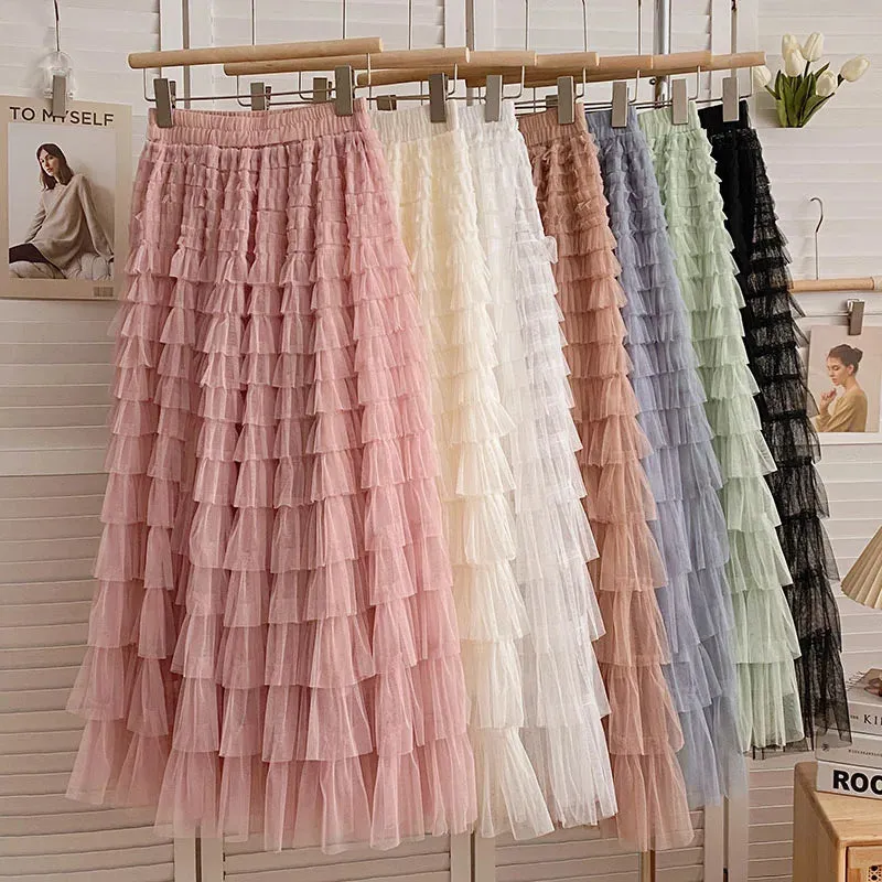 Advbridge  Summer High Quality White Midi Skirts For Women Korean Style Clothes Black Pink And Brown Mesh Tulle Long Cake Skirt Female