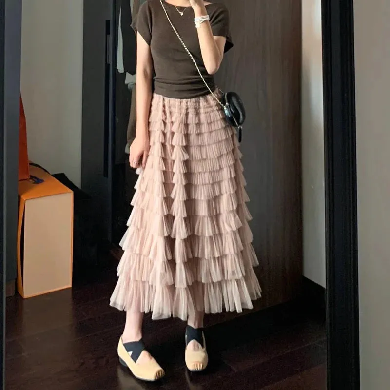 Advbridge  Summer High Quality White Midi Skirts For Women Korean Style Clothes Black Pink And Brown Mesh Tulle Long Cake Skirt Female