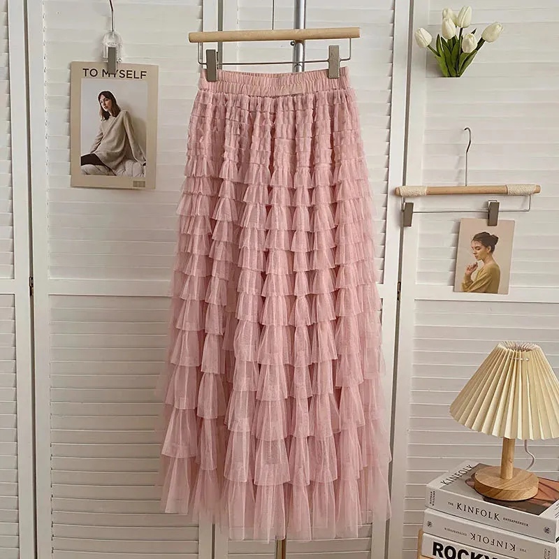 Advbridge  Summer High Quality White Midi Skirts For Women Korean Style Clothes Black Pink And Brown Mesh Tulle Long Cake Skirt Female