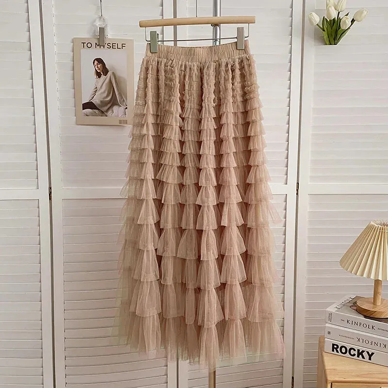 Advbridge  Summer High Quality White Midi Skirts For Women Korean Style Clothes Black Pink And Brown Mesh Tulle Long Cake Skirt Female