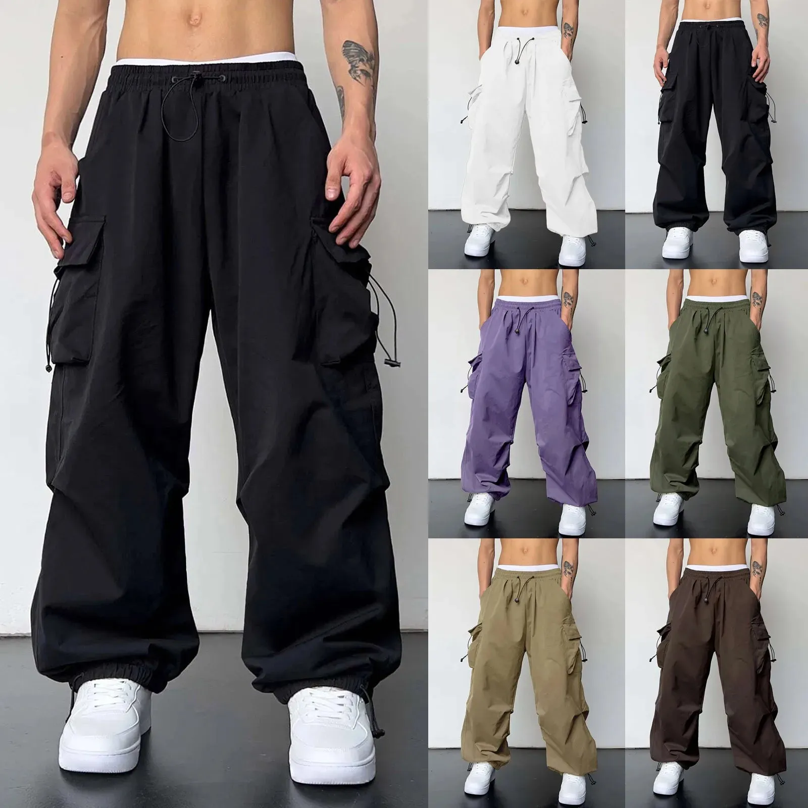 Aidase Harajuku Oversized Cargo Parachute Pants Men Streetwear Vintage Y2k Hip Hop Wide Leg Joggers Baggy Casual Sweatpants Techwear