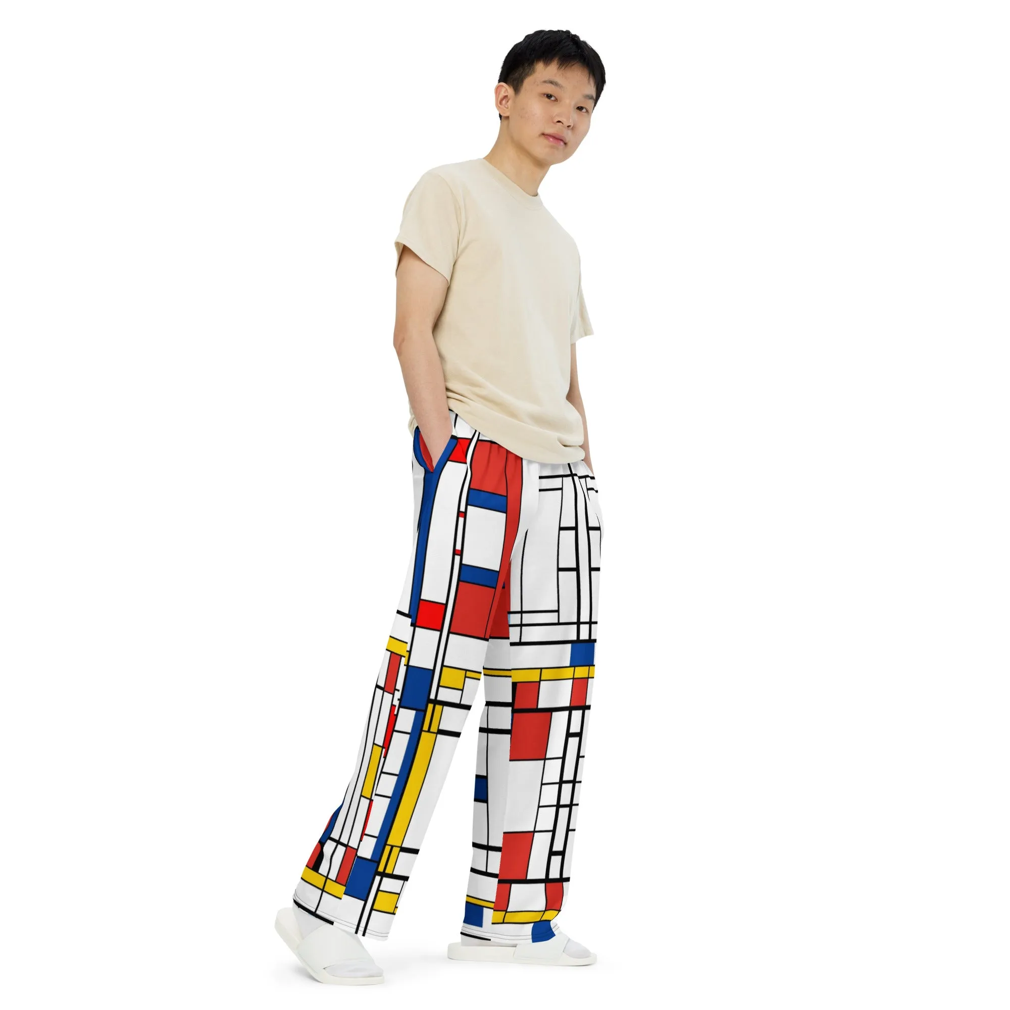 All-over print unisex wide-leg pants / Mondrian pants / AI pants / Piet Mondiran / Industrial fashion / Vintage pants