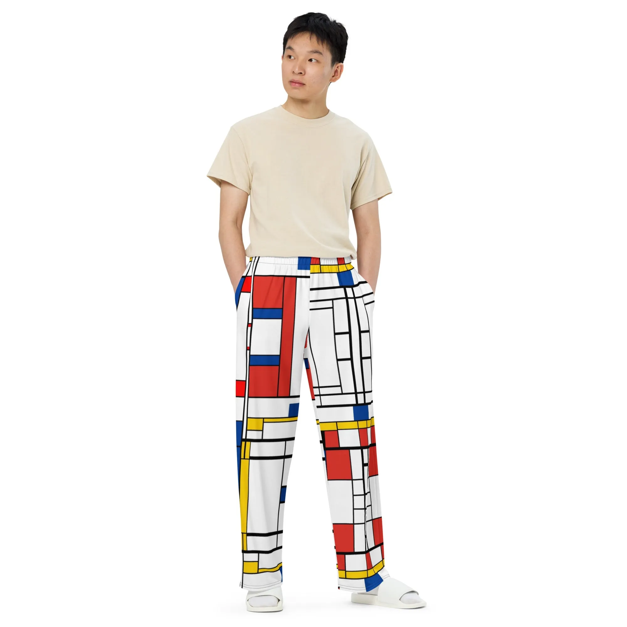 All-over print unisex wide-leg pants / Mondrian pants / AI pants / Piet Mondiran / Industrial fashion / Vintage pants