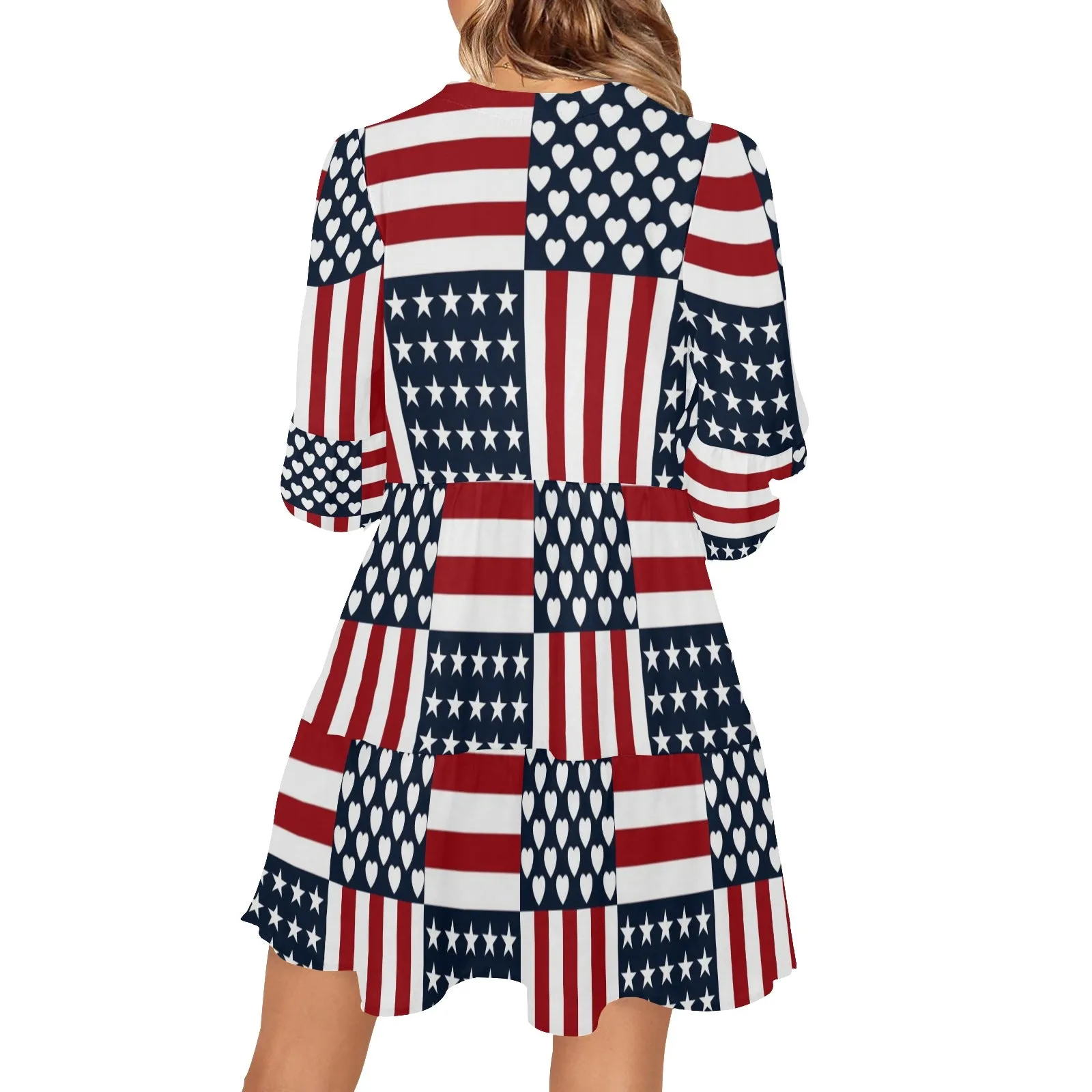 americana love rwb print V-Neck Loose Fit Dress (Model D62)