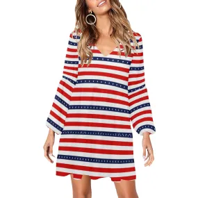 americana stars and stripes striped print 2 V-Neck Loose Fit Dress (Model D62)