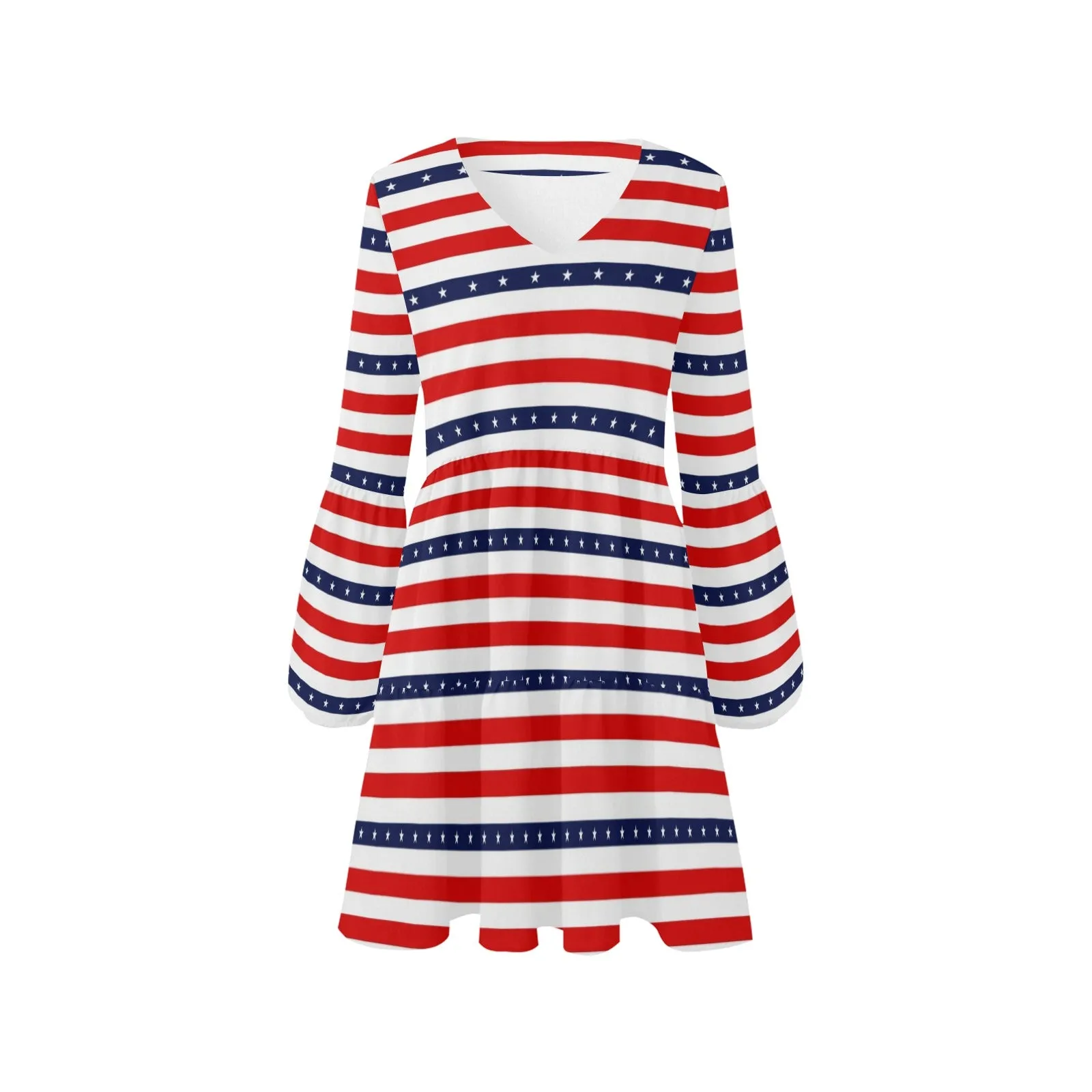 americana stars and stripes striped print 2 V-Neck Loose Fit Dress (Model D62)