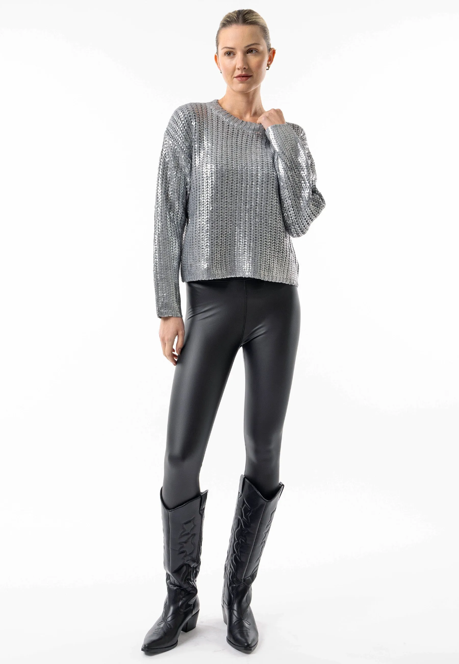 Angeleye Metallic Crew Neck Cable Knit Jumper In Silver