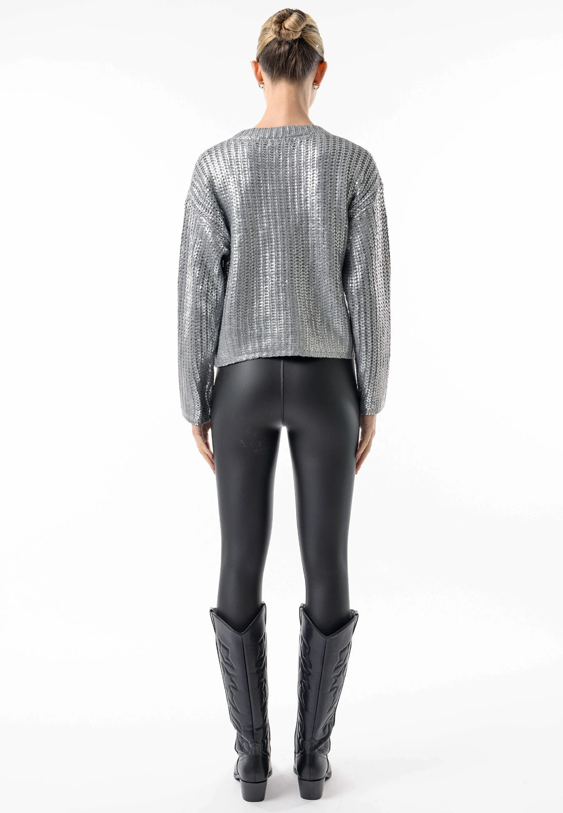 Angeleye Metallic Crew Neck Cable Knit Jumper In Silver