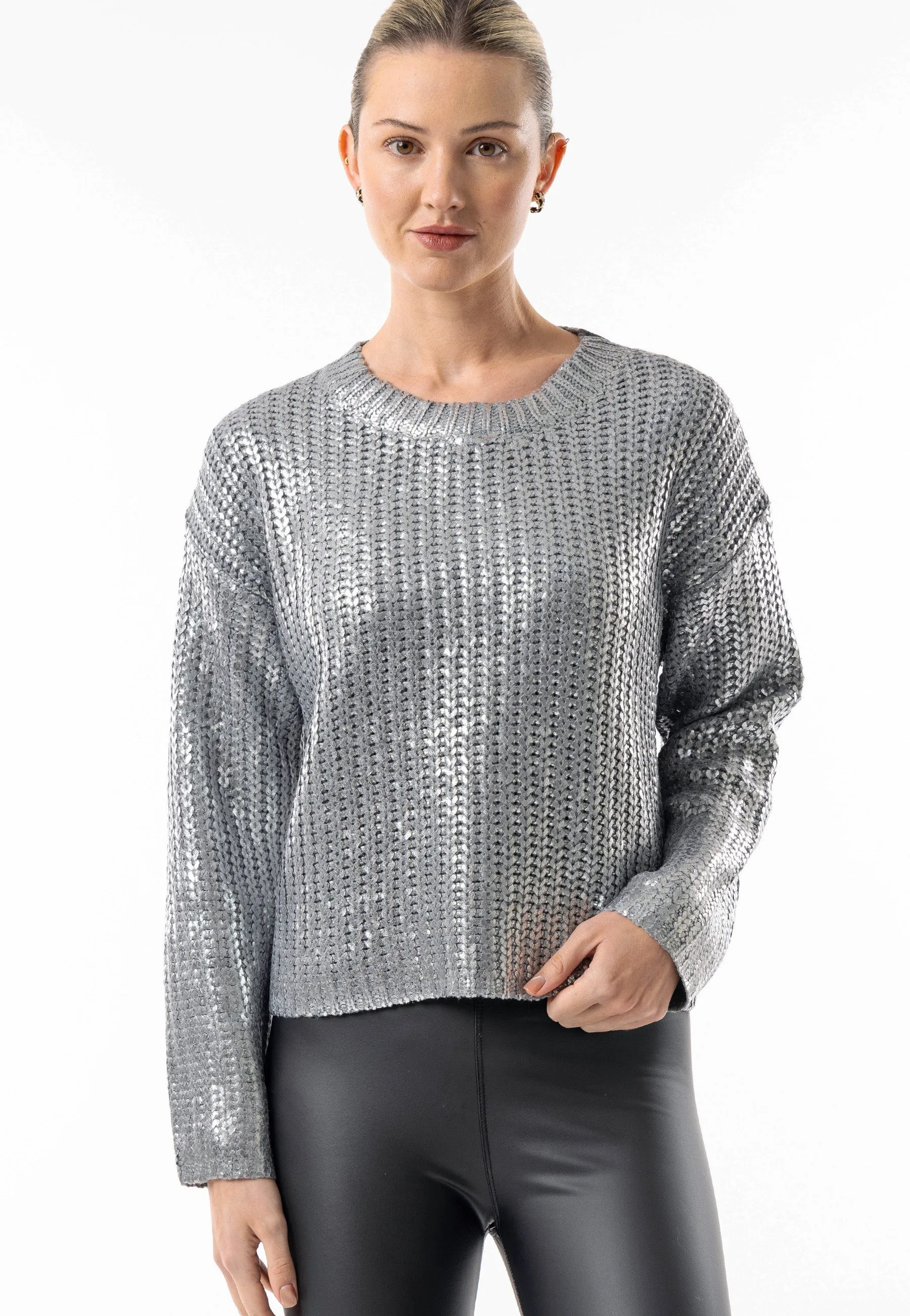 Angeleye Metallic Crew Neck Cable Knit Jumper In Silver