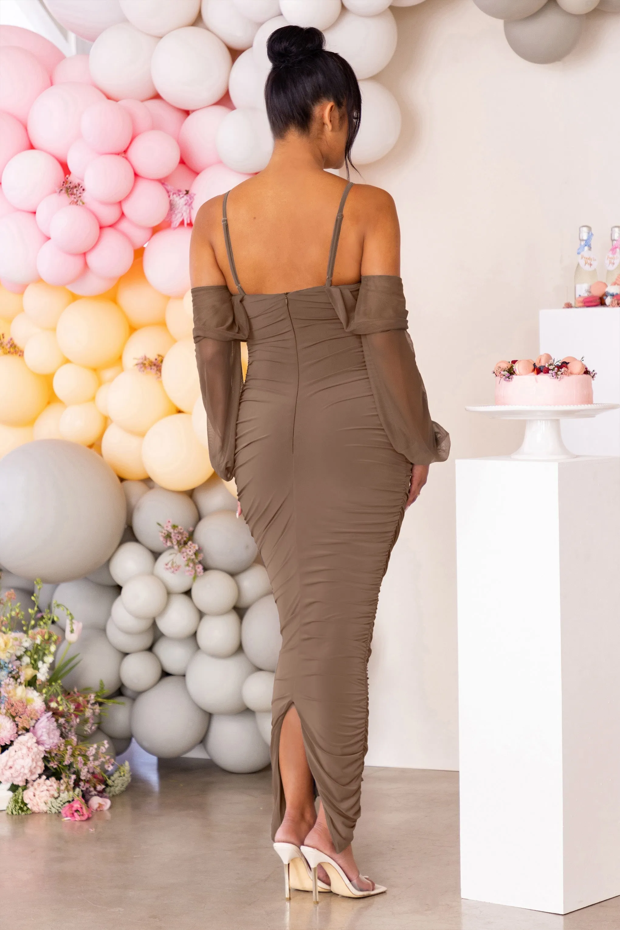 Announcement | Mocha Maternity Bardot Ruched Maxi Dress