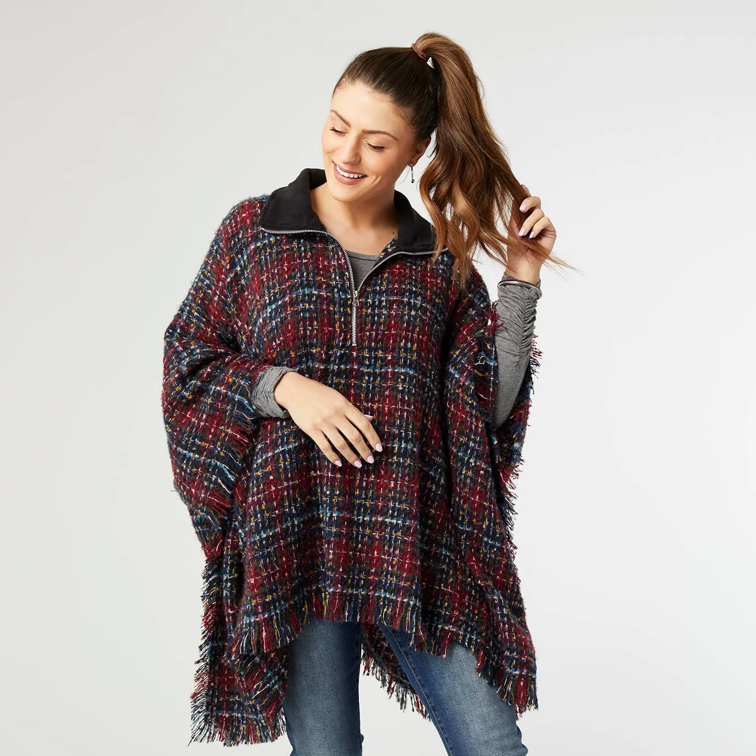 Aspen Quarter Zip Poncho with Faux Leather Trimj