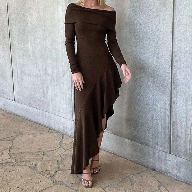 Asymmetrical Elegant Brown Midi Dress Female Ruffles Slash Neck Bodycon Autumn Dress Fashion Party Solid Long Sleeve