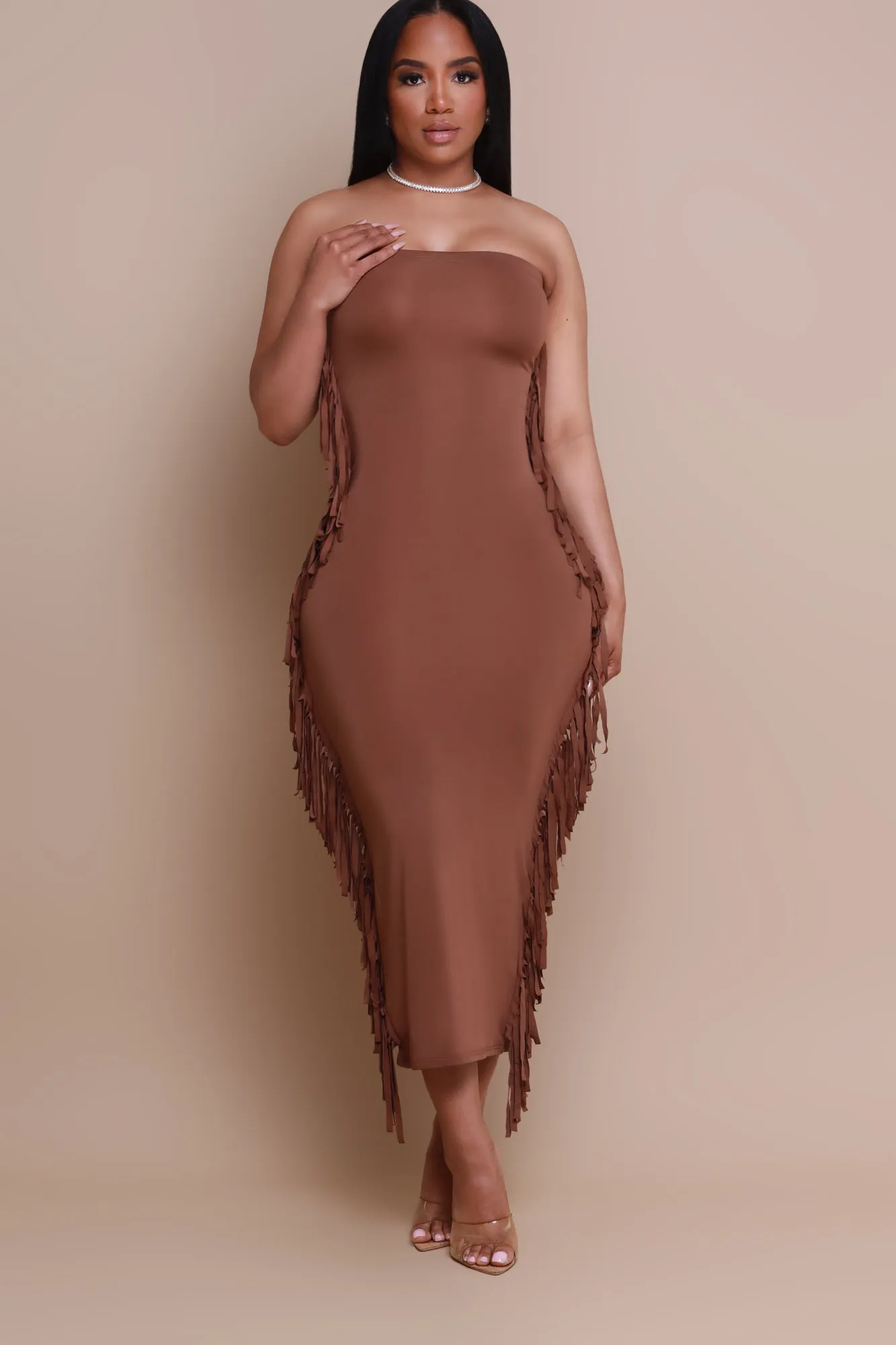 At All Costs Strapless Fringe Maxi Dress - Brown