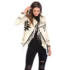 Aztec Cardigan With Fringe Black Or White Southwestern Print Warm Sweater Bohemian Kimono Wrap Available In Sizes Medium Large Or Extra Large XL