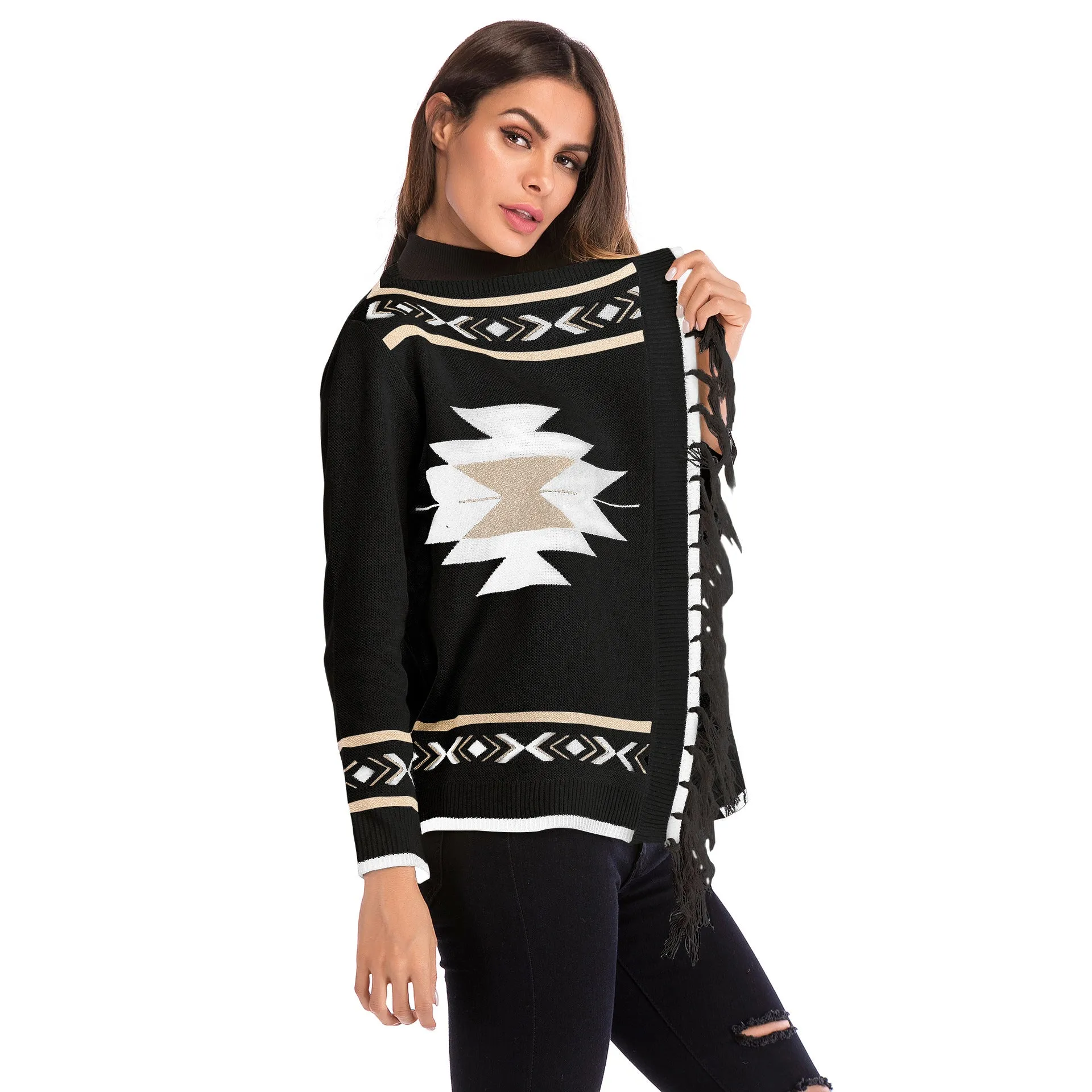 Aztec Cardigan With Fringe Black Or White Southwestern Print Warm Sweater Bohemian Kimono Wrap Available In Sizes Medium Large Or Extra Large XL