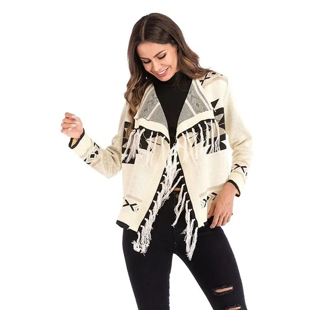 Aztec Cardigan With Fringe Black Or White Southwestern Print Warm Sweater Bohemian Kimono Wrap Available In Sizes Medium Large Or Extra Large XL