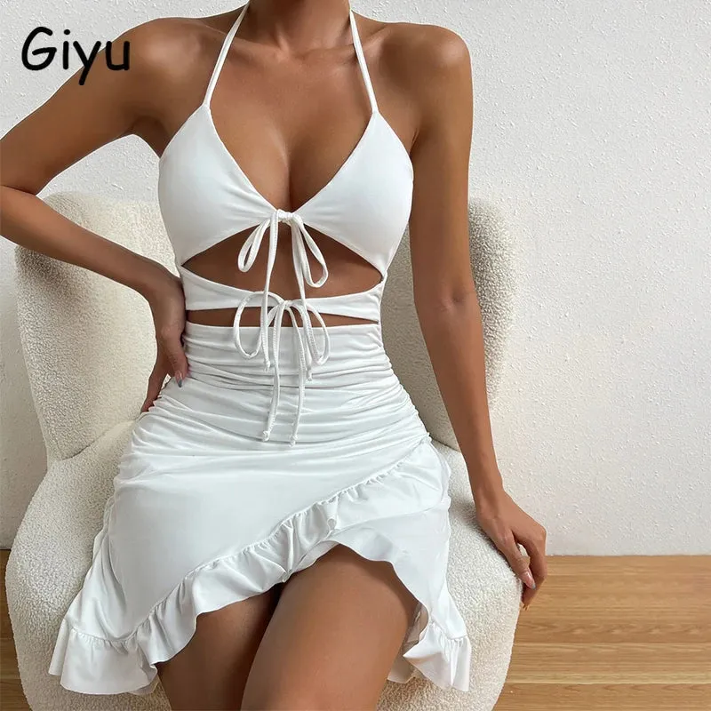 Bandage Dresses Ruched White Summer 2024 Sexy Mini Sexy V Vestidos Out Neck Women Hollow Bow Ruffles Dress