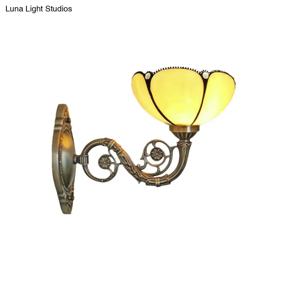 Baroque Beige Glass Wall Sconce with Curved Arm - Bronze 1-Light Lamp