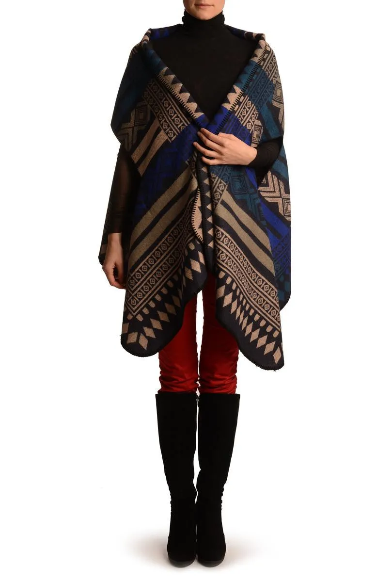 Beige, Blue & Teal Blue Aztec On Black Blanket Wrap (Poncho)