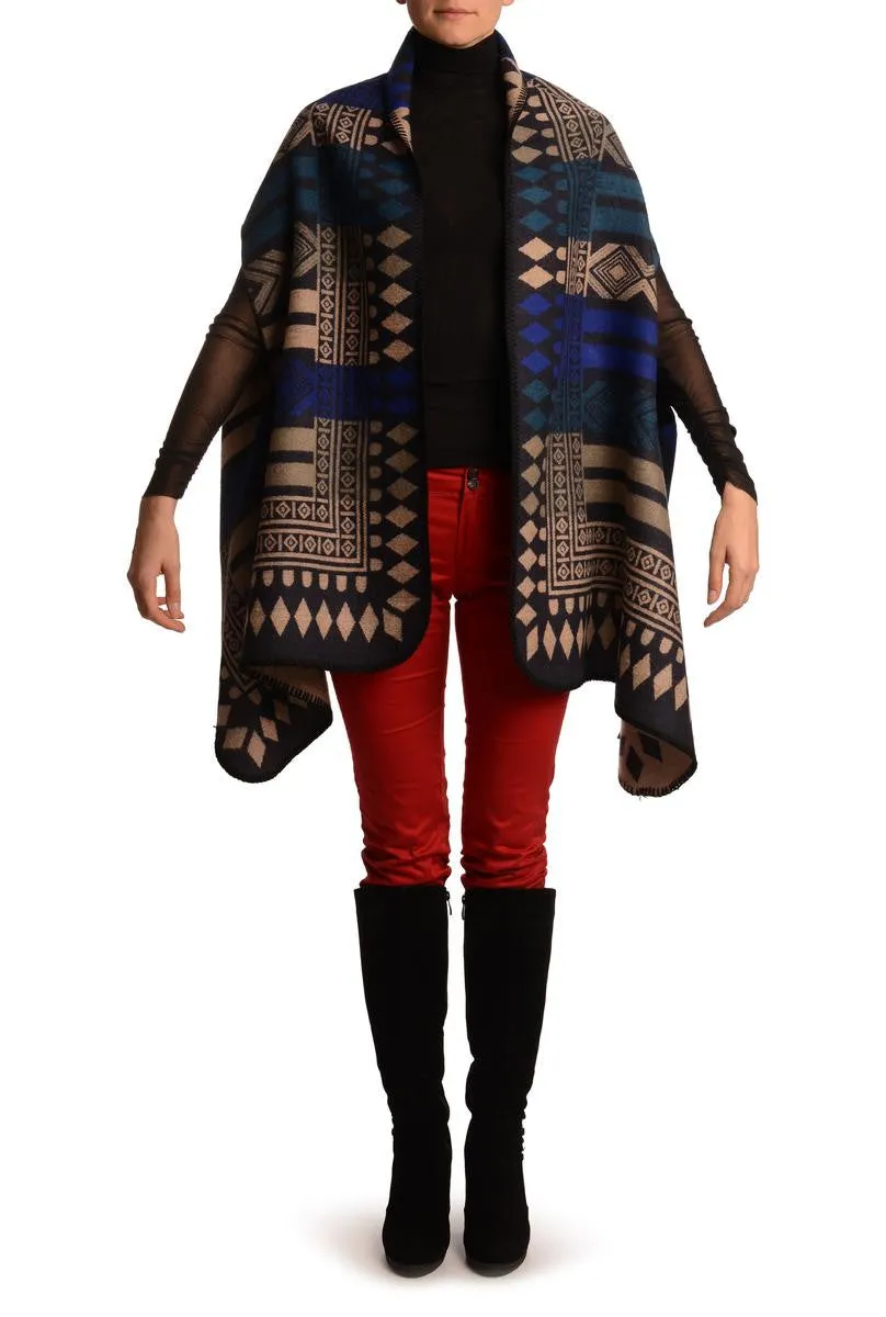 Beige, Blue & Teal Blue Aztec On Black Blanket Wrap (Poncho)