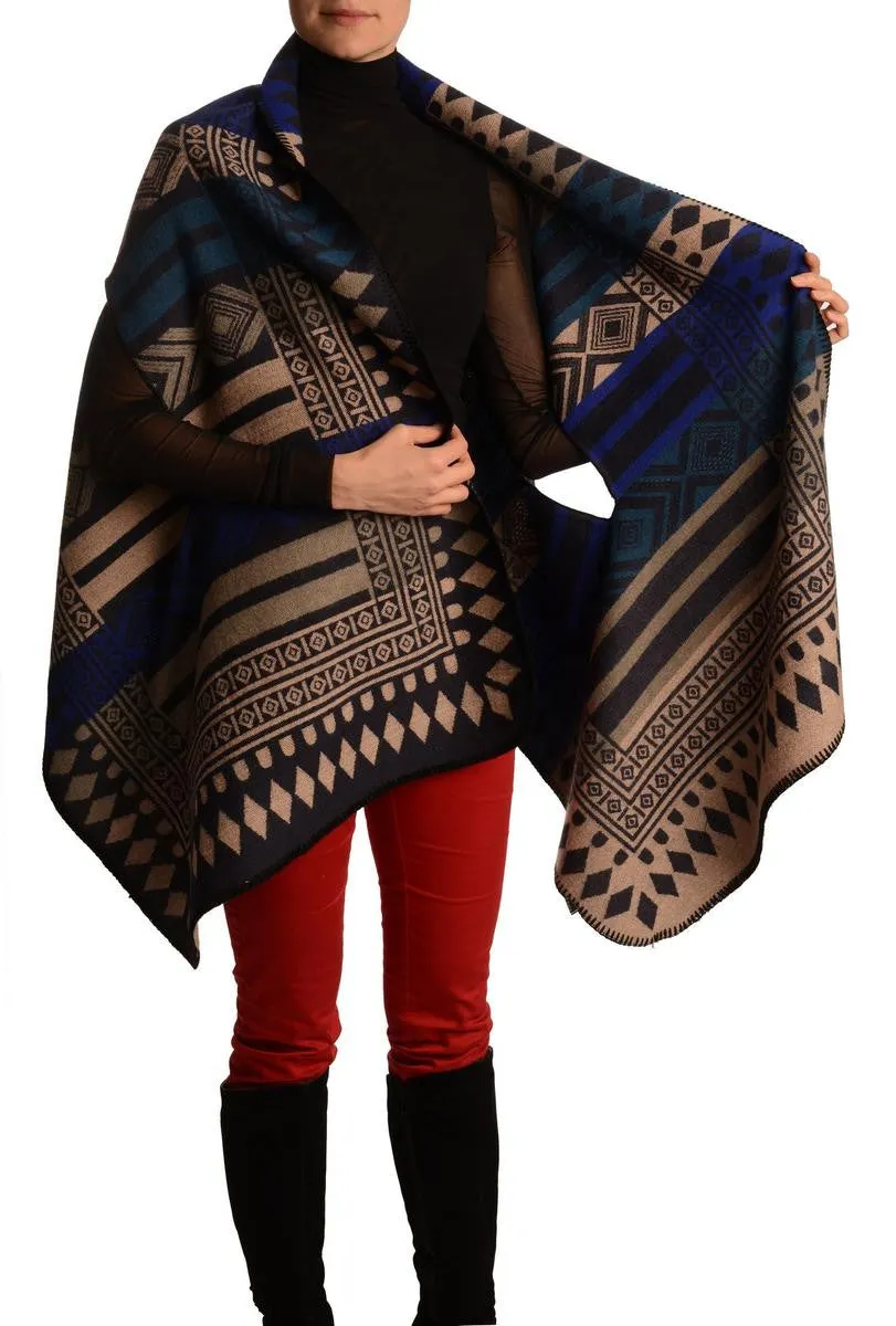 Beige, Blue & Teal Blue Aztec On Black Blanket Wrap (Poncho)