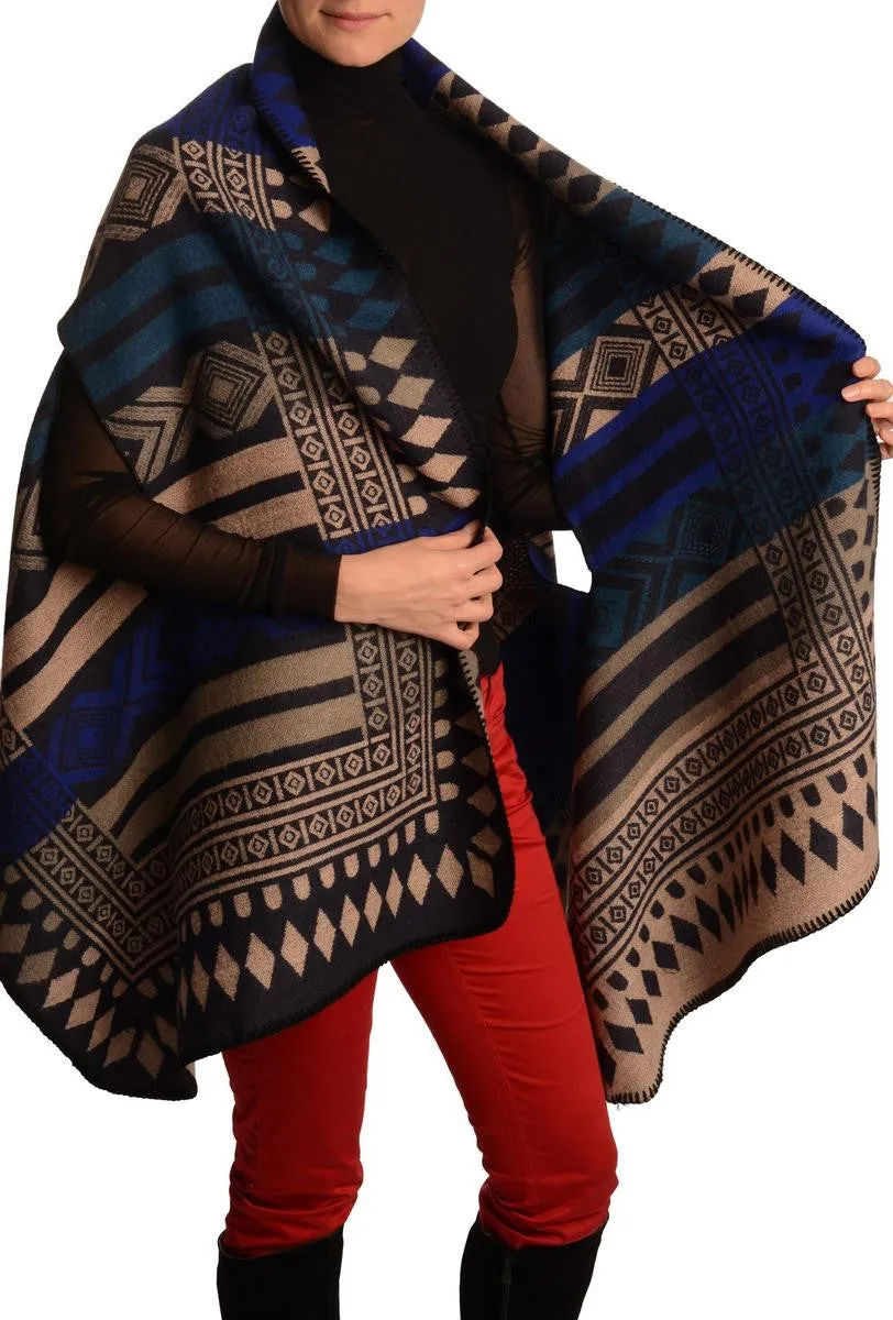 Beige, Blue & Teal Blue Aztec On Black Blanket Wrap (Poncho)